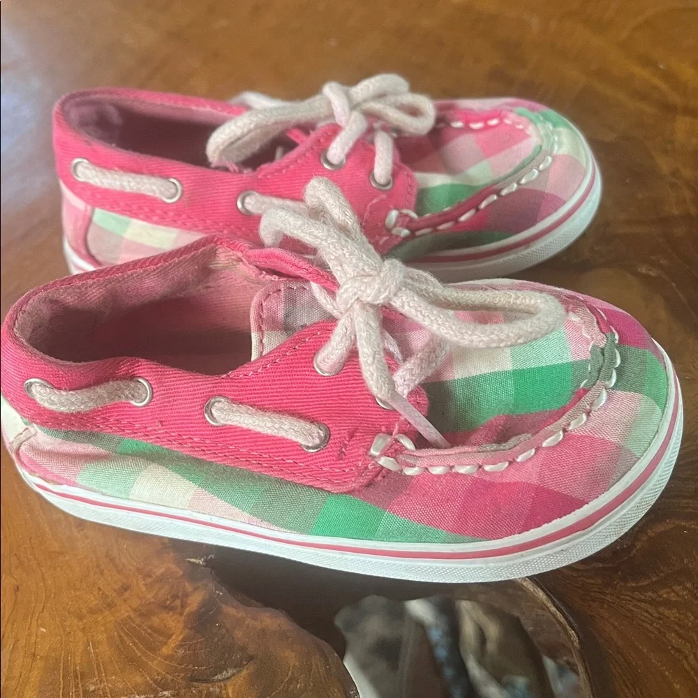 Sperry Bahama Crib Top Siders Pink Green Multi Plaid Size 4M